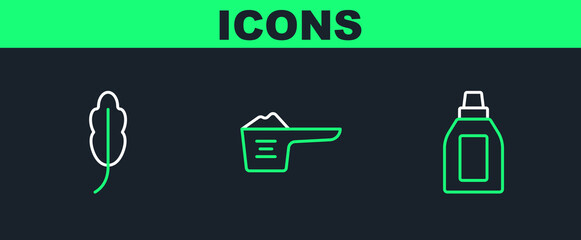 Set line Bottle for cleaning agent, Feather and Washing powder icon. Vector