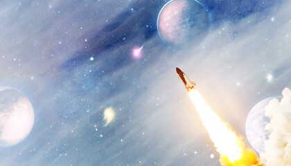Spaceship takes off in the starry sky. Rocket space ship , Rocket starts into space...