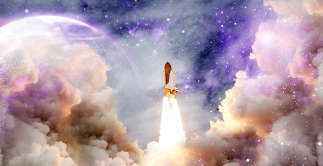 Launched rocket in flight, night starry sky background. Rocket starts into space concept.Elements...