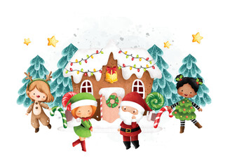 Watercolor Illustration Kids with Christmas costume and gingerbread house