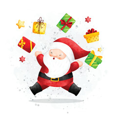 Watercolor Illustration Santa Claus and Christmas gifts