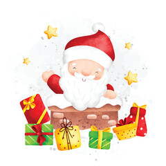 Watercolor Illustration Santa Claus and Christmas gifts