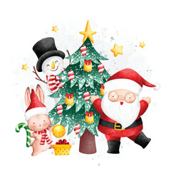 Watercolor Illustration Santa Claus and Christmas tree