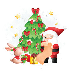 Watercolor Illustration Santa Claus and Christmas tree