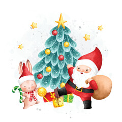 Watercolor Illustration Santa Claus and Christmas tree