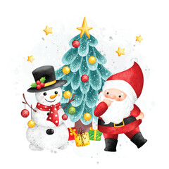 Watercolor Illustration Santa Claus and Christmas tree