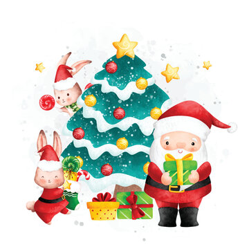 Watercolor Illustration Santa Claus and Christmas tree