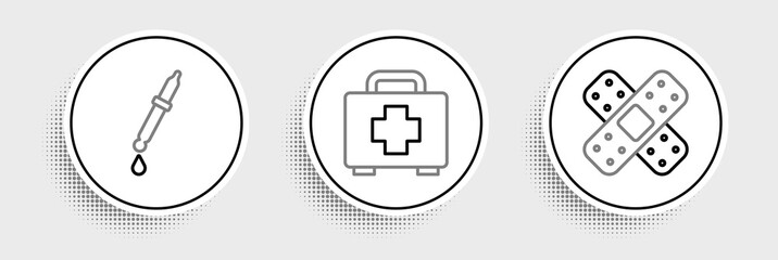 Set line Crossed bandage plaster, Pipette and First aid kit icon. Vector