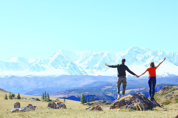 couple hands up mountains, landscape adventure active view