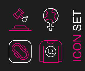 Set line Feminist shirt, Sanitary napkin, Feminism the world and Female rights icon. Vector