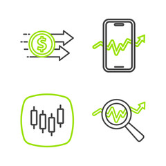 Set line Search data analysis, Browser with stocks market, Mobile trading and Financial growth dollar icon. Vector