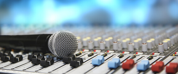 Close-up microphone and sound mixer in studio for sound record control system and audio equipment and music instrument