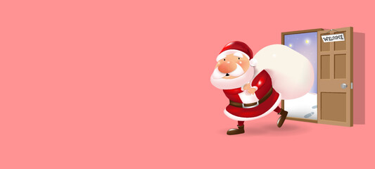 Santa Claus pulls a heavy white bag full of gifts come inside door with spacing for text