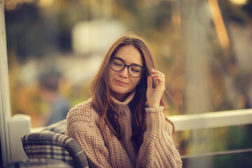 eyesight concept glasses, girl model in autumn glance, youth style smart student