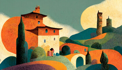 Fototapeta na wymiar Storybook illustration tuscan village