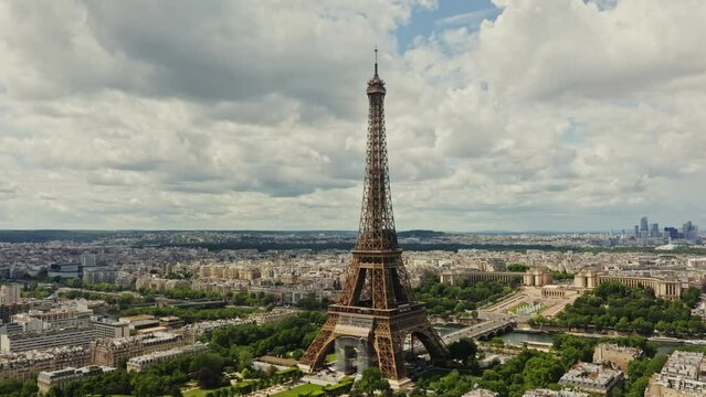 Drone horizontal panning view of the historic center of Paris with the Eiffel Tower and the Seine River in the foreground on a summer day. France Paris