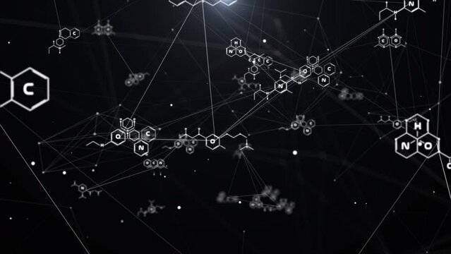 Geometric chemical formulas network structural data concept. Science health care, medical system analysis concept. Data technology cyberspace 4K motion background.