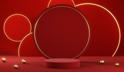 3D rendering of blank product background for cream cosmetics Modern red podium background