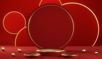 3D rendering of blank product background for cream cosmetics Modern red podium background