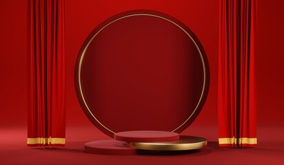 3D rendering of blank product background for cream cosmetics Modern red podium background