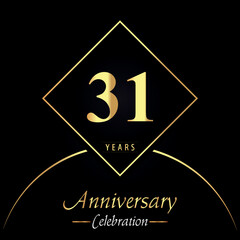 31 years anniversary celebration with gold square frames and circle shapes on black background. Premium design for birthday party, poster, banner, graduation, weddings, jubilee, greetings card.