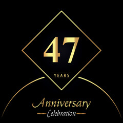 47 years anniversary celebration with gold square frames and circle shapes on black background. Premium design for birthday party, poster, banner, graduation, weddings, jubilee, greetings card.