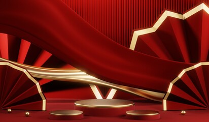3D rendering of blank product background for cream cosmetics Modern red podium background