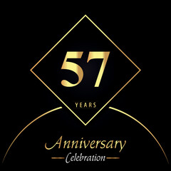 57 years anniversary celebration with gold square frames and circle shapes on black background. Premium design for birthday party, poster, banner, graduation, weddings, jubilee, greetings card.