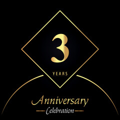 3 years anniversary celebration with gold square frames and circle shapes on black background. Premium design for birthday party, poster, banner, graduation, weddings, jubilee, greetings card.