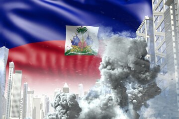 huge smoke column in abstract city - concept of industrial disaster or terrorist act on Haiti flag background, industrial 3D illustration