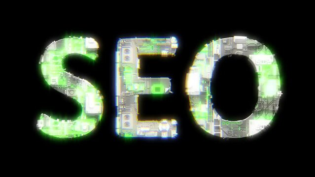 cybernetical text SEO with chromatic aberrance and glitch effects, isolated