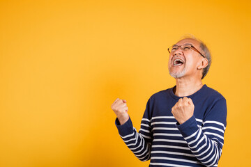 Portrait smiling senior old man lifestyle he arms raised to celebrating his success, Happy Asian...