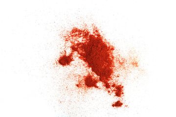 Pile of red paprika powder isolated on white background, top view