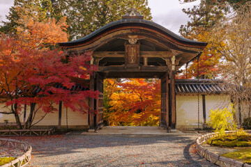京都　二尊院　勅使門の紅葉　横位置