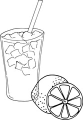 Lemon ice juice outline black and white design vector. Cute drawing  for decoration and painting for kids.