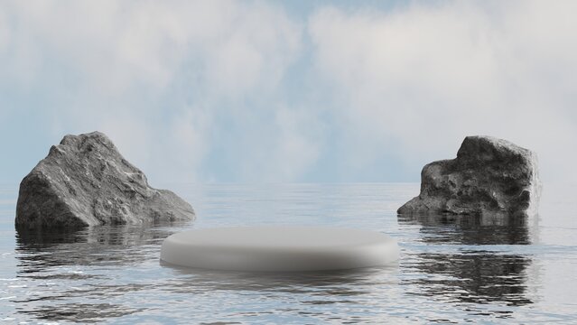 natural podium display on water with rocks, empty minimal pedestal for product showcase, 3D Rendering