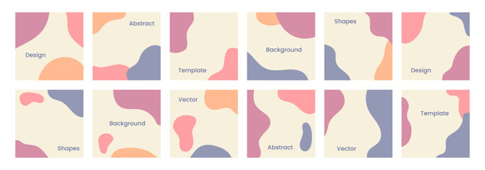 Organic round shapes, fluid forms. Modern pastel pattern elements, minimal geometric background, pastel color. Social media post and cover template with copy space. Vector illustrations set