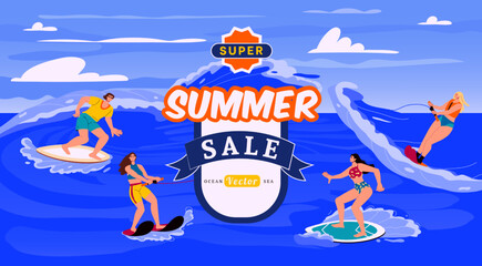 Summer sale. Surf background. Ocean wave. Sea promotion. People surfing and kiteboarding. Big Hawaii beach. Hot discount poster. Extreme sport. Active vacation. Vector banner landing