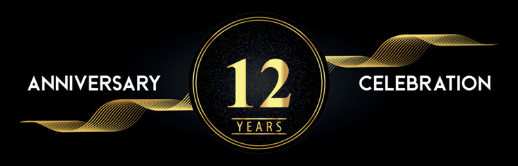 12 Years Anniversary Celebration with Golden Waves and Circle Frames on Luxury Background. Premium Design for banner, poster, graduation, weddings, happy birthday, greetings card and, jubilee.