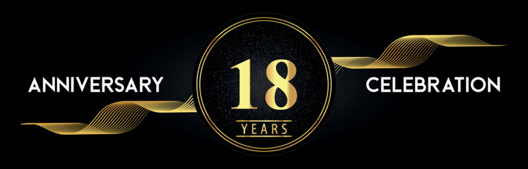18 Years Anniversary Celebration with Golden Waves and Circle Frames on Luxury Background. Premium Design for banner, poster, graduation, weddings, happy birthday, greetings card and, jubilee.