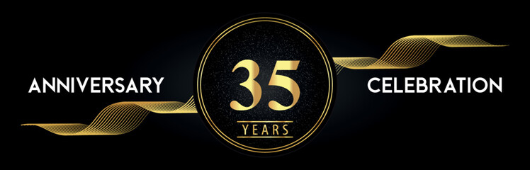 35 Years Anniversary Celebration with Golden Waves and Circle Frames on Luxury Background. Premium Design for banner, poster, graduation, weddings, happy birthday, greetings card and, jubilee.