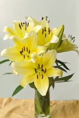 Yellow Lilly bouquet in a vase on white background