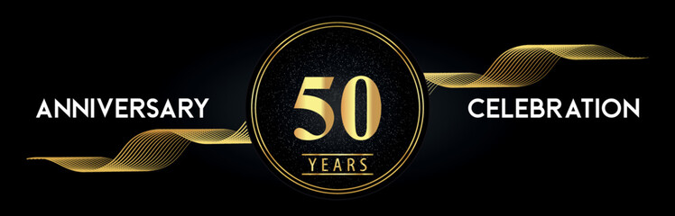 50 Years Anniversary Celebration with Golden Waves and Circle Frames on Luxury Background. Premium Design for banner, poster, graduation, weddings, happy birthday, greetings card and, jubilee.