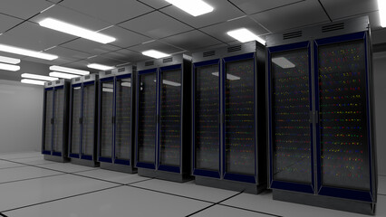 Servers. Servers room data center. Backup, mining, hosting, mainframe, farm and computer rack with storage information. 3d rendering