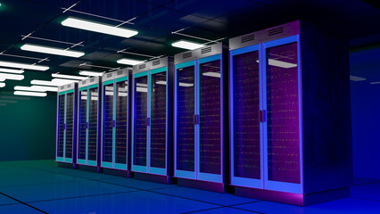 Servers. Servers room data center. Backup, mining, hosting, mainframe, farm and computer rack with storage information. 3d rendering