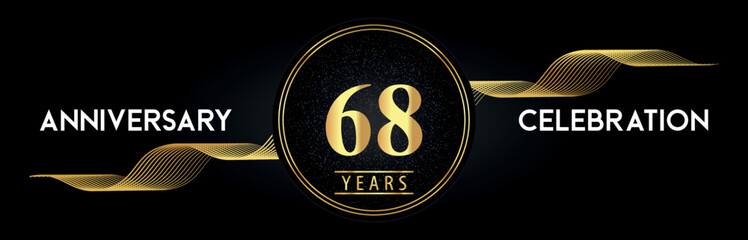 68 Years Anniversary Celebration with Golden Waves and Circle Frames on Luxury Background. Premium Design for banner, poster, graduation, weddings, happy birthday, greetings card and, jubilee.