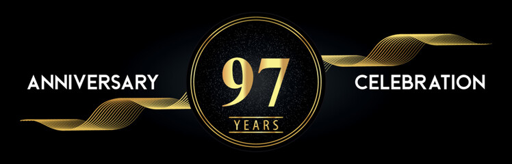 97 Years Anniversary Celebration with Golden Waves and Circle Frames on Luxury Background. Premium Design for banner, poster, graduation, weddings, happy birthday, greetings card and, jubilee.