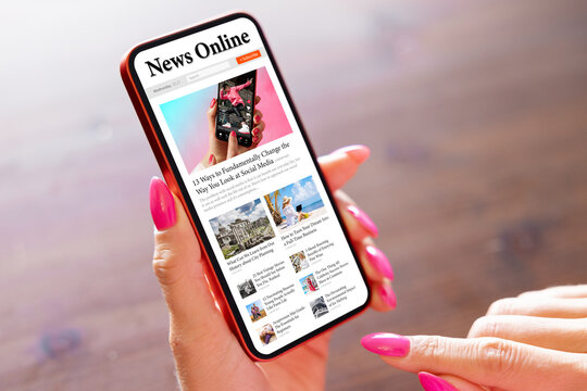 Woman reading news on mobile phone, all contents are made up