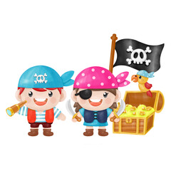 Kids pirate captain and sailor characters, watercolor Clipart