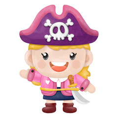 Kids pirate captain and sailor characters, watercolor Clipart